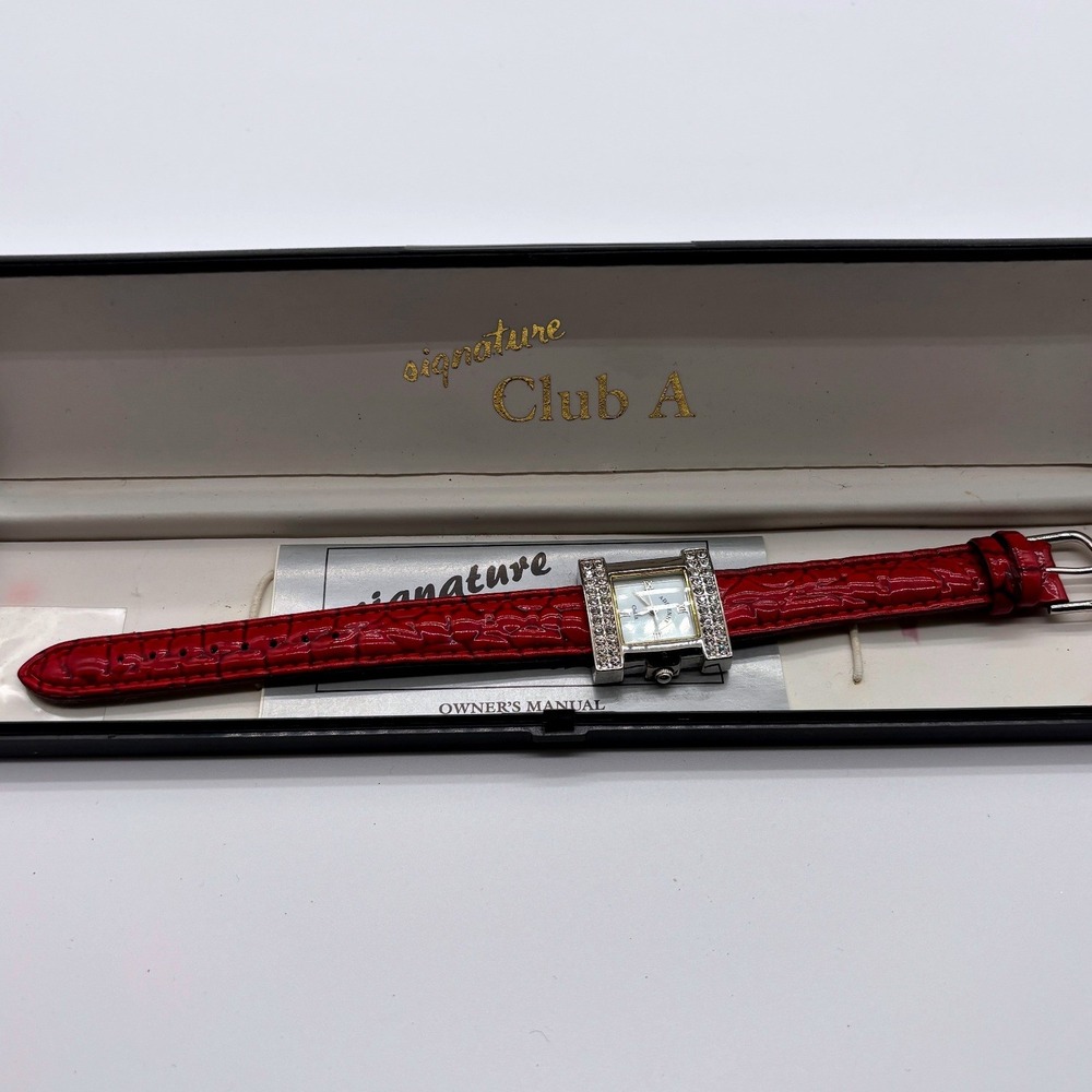 Adrienne Signature‎ Club A Womens Square Rhinestone Bezel Red Croc Leather Band